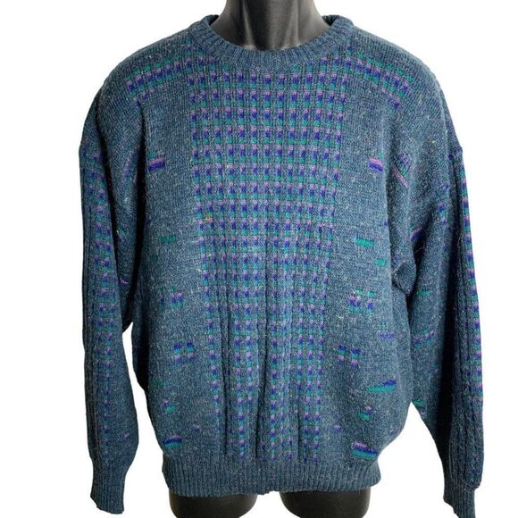 Vintage 80s Crewneck Pullover Knit Sweater L Green Wool Blend Grandpa - Picture 1 of 6